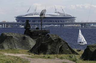 A view shows a Pantsir antiaircraft missile system, located near Saint Petersburg Stadium to provide security, in Saint Petersburg