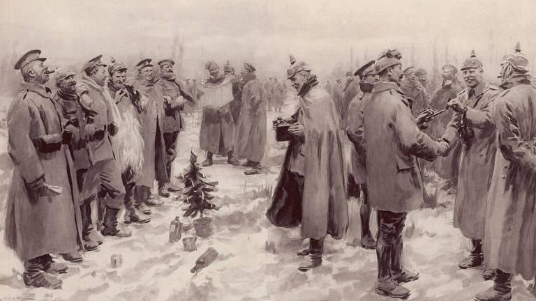 Ilustração de soldados que sorriem e parecem conversar. Entre os soldados, há uma pequena árvore e garrafas