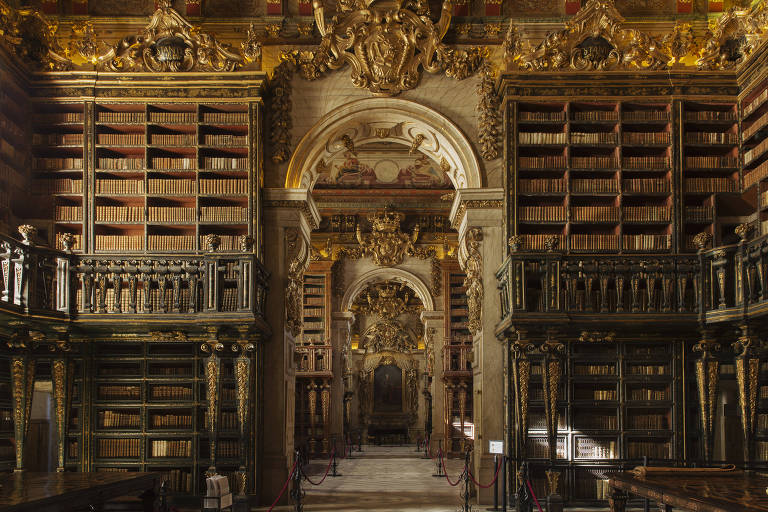 Estantes de livros de uma biblioteca antiga. O teto tem bordas douradas e um dos corredores forma um arco com pé direito alto.