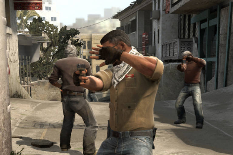 Print de tela do jogo Counter Strike mostra personagem se protegendo de uma flashbang