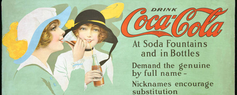 Anúncio da Coca-Cola de 1914. A mítica garrafa foi criada em 1915, para um concurso de garrafas entre engarrafadores da Coca-Cola