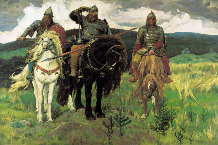 Obra mostra três cavaleiros, um armado com espada, um com lança e outro com arco e flecha, montados em cavalos. Eles estão parados olhando para o horizonte em um campo.