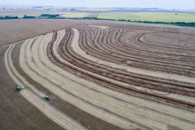 Vista aérea de tratores na colheita de soja em uma fazenda no interior do Paraná
