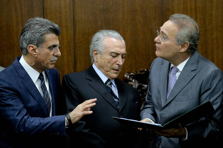 Da esq. para a dir., o senador e presidente do MDB, Romero Jucá, o presidente da República, Michel Temer, e o senador Renan Calheiros