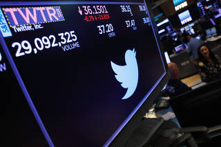 Twitter stock prices are displayed on a screen above the floor of the New York Stock Exchange shortly after the opening bell in New York