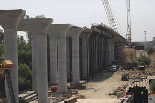 Construction on a high-speed rail viaduct is well underway at the San Joaquin River, north of downtown Fresno.