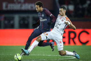 O atacante Neymar durante partida entre Paris Saint-Germain (PSG) e Montpellier,