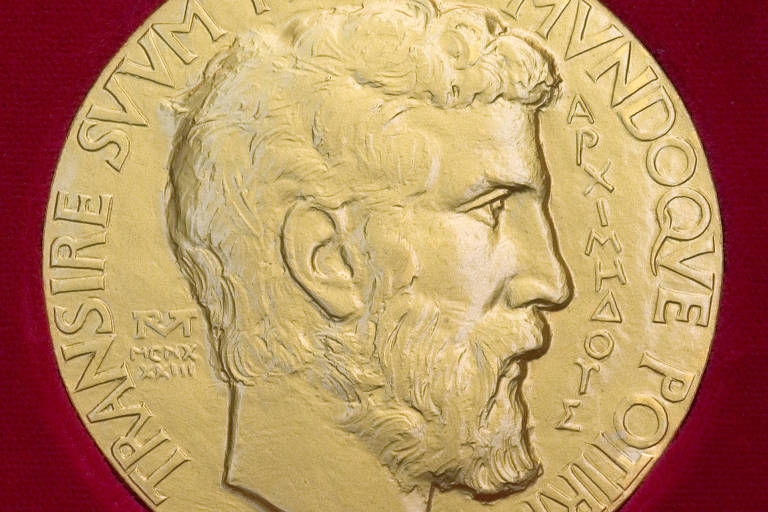 Um dos lados da medalha Fields, com o rosto de Arquimedes