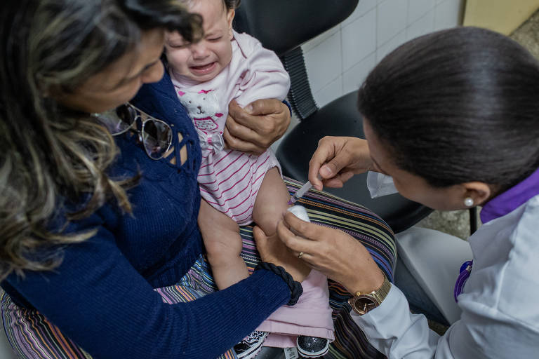 Bebê toma vacina em UBS da zona norte de São Paulo. Um informativo do Ministério da Saúde enviado aos estados, e obtido pela Folha, aponta que o país apresenta situação crítica de abastecimento da vacina meningocócica C, recomendada a bebês para proteção contra meningite. O problema ocorre desde abril, quando foi distribuído quantidade referente a apenas 58% da cota mensal de cada estado, e piorou nos meses seguintes, chegando a atingir apenas 10% da cota em maio, 15% em junho e 36% em julho