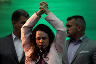 Lawyer Janaina Paschoal delivers a speech during the national convention of the Party for Socialism and Liberation (PSL) where Federal deputy Jair Bolsonaro is to be formalised as a candidate for the Presidency of the Republic, in Rio de Janeiro