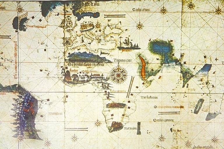 Mapa de 1502 de autoria do italiano Alberto Cantino mostra ainda a linha de Tordesilhas e a costa oriental da América do Norte