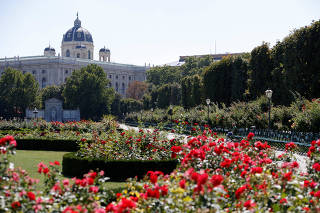 A woman rests in a public garden next to the Natural History Museum in Vienna