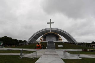 The stage from where Pope Francis will deliver mass is seen under construction in the Phoenix Park in Dublin