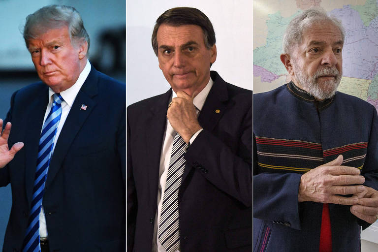 Da esq. para a dir., o presidente dos EUA, Donald Trump, e os presidenciáveis Jair Bolsonaro (PSL) e Lula (PT)