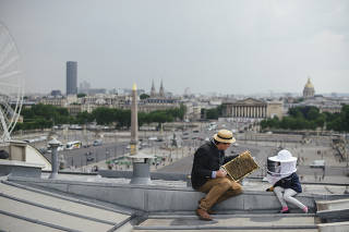 Beekeeper Audric de Campeau works with his daughter on his bee hives above the Place de la Concorde in Paris.