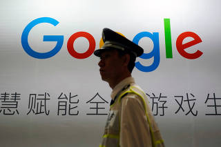 A Google sign is seen during the China Digital Entertainment Expo and Conference (ChinaJoy) in Shanghai