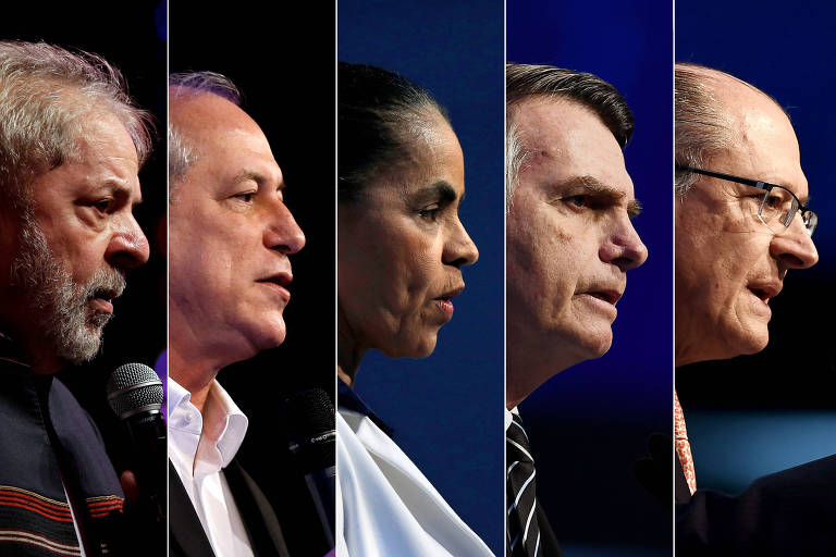 Da esq. para a dir., Lula (PT), Ciro Gomes (PDT), Marina Silva (Rede), Jair Bolsonaro (PSL) e Geraldo Alckmin (PSDB)