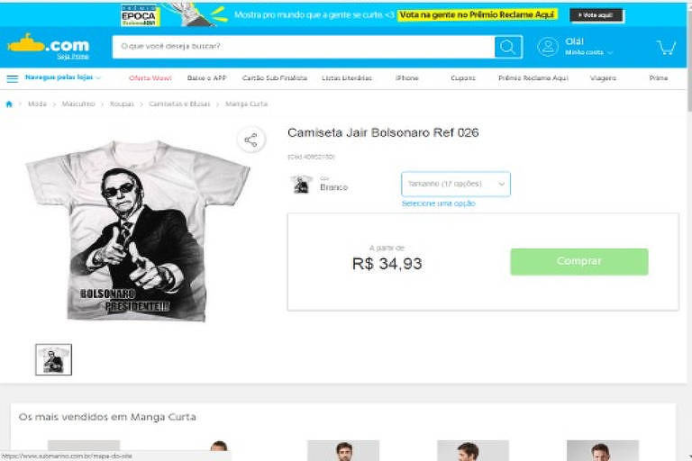 Camiseta de Jair Bolsonaro vendida no site submarino.com nesta quarta (29)