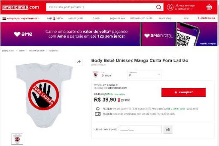 Body para bebê com o dizer "Fora Ladrão" sobre uma mão referente ao ex-presidente Lula à venda no site americanas.com na quarta (29)