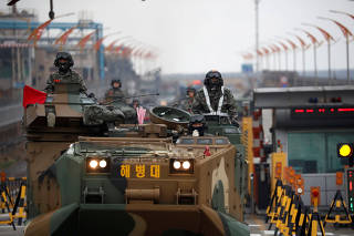 FILE PHOTO: Amphibious assault vehicles of the South Korean Marine Corps travel during a military exercise as a part of the annual joint military training called Foal Eagle between South Korea and the U.S. in Pohang