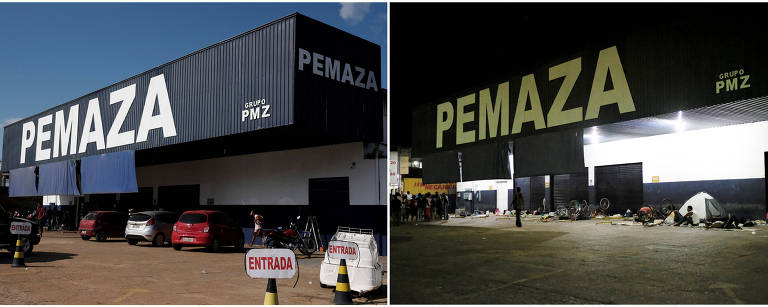 Em outra loja de autopeças da capital de Roraima, a cena se repete: na noite (à dir.) do último dia 24, o local fica tomado de barracas de imigrantes venezuelanos