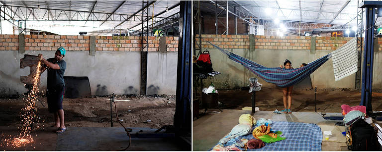 No último dia 24, uma oficina mecânica tinha homens trabalhando à tarde (à esq.) e uma refugiada venezuelana se preparando para dormir em uma rede e camas improvisadas no chão à noite