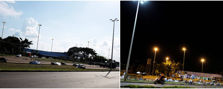 Em uma via em frente à rodoviária, pertences de venezuelanos são deixados no gramado do canteiro central na tarde do dia 24; à dir., os refugiados dormem no mesmo espaço, na noite anterior