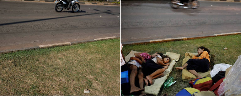 Na via próxima à rodoviária de Boa Vista, uma moto passa ao lado do canteiro na tarde do dia 24 (à esq.); na noite anterior, à dir., o espaço serviu de cama para famílias venezuelanas