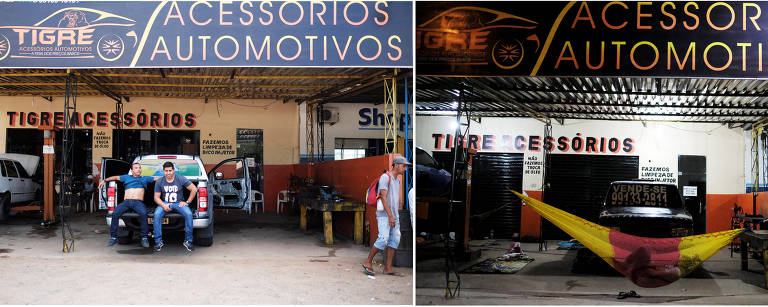 Outra oficina mecânica da capital de Roraima se tornou, da tarde (à esq.) para a noite (à dir.), em abrigo improvisado para venezuelanos