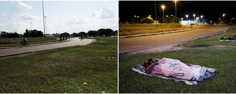 Canteiro de via próxima à rodoviária de Boa Vista com ciclistas pedalando na tarde do dia 24 (à esq.) e venezuelanos dormindo ao relento na noite do dia 23