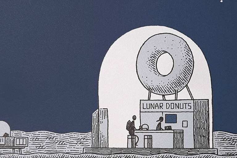 Ilustração da história em quadrinhos ‘Mooncop’, de Tom Gould, sobre um policial que vive numa colônia lunar, que 
a Todavia lançará em breve