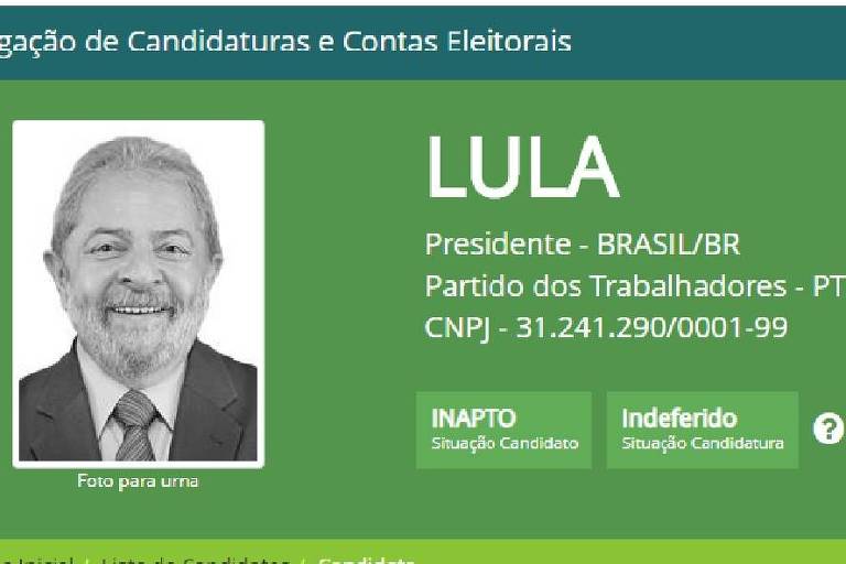 Candidatura de Lula aparece como indeferida no site do TSE