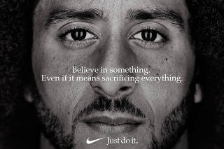Colin Kaepernick appears as a face of Nike Inc advertisement marking the 30th anniversary of its 