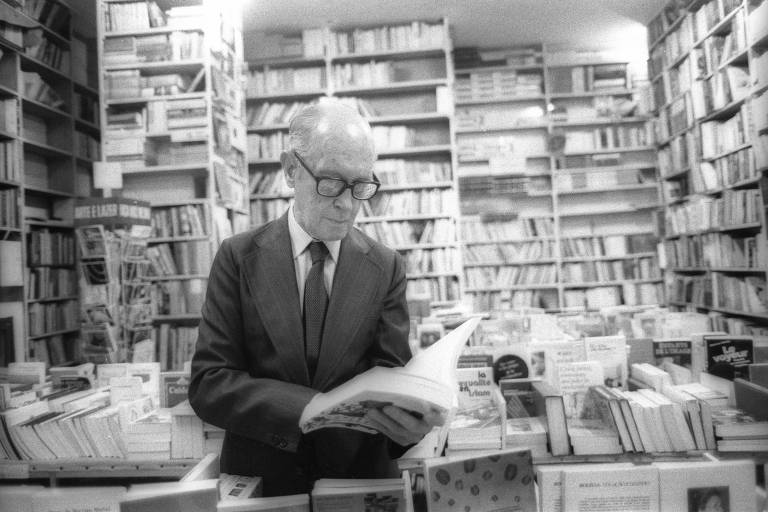 Drummond na Livraria Leonardo da Vinci, em foto de 1982