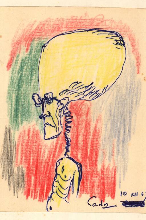 Autocaricatura do poeta Carlos Drummond de Andrade, com caneta-tinteiro e lápis de cor sobre papel.