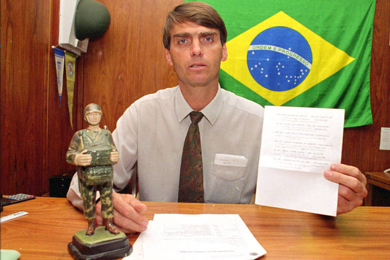 Em seu gabinete, o deputado Jair Bolsonaro, à época no PPR-RJ, mostra lista com nomes de militares mortos durante a ditadura; na Câmara, ele colecionou polêmicas