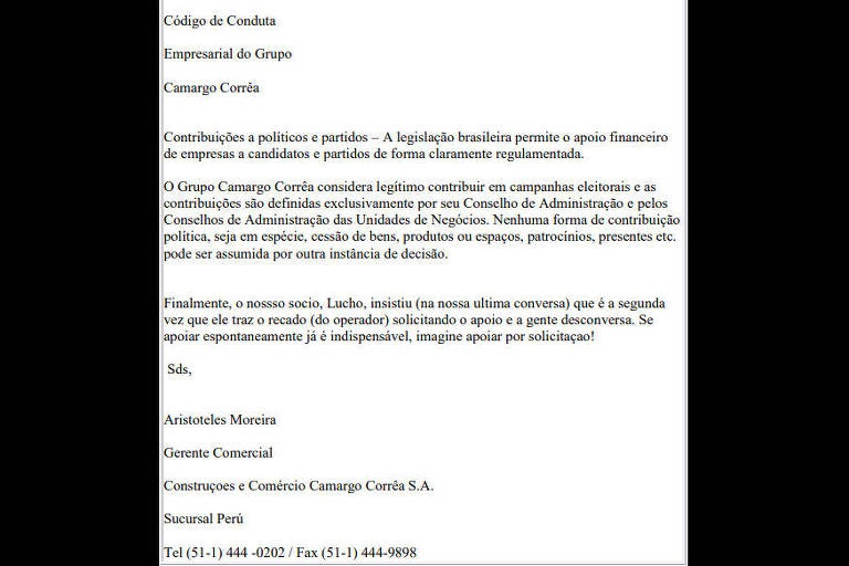 Em email a Wanderley, o ex-gerente comercial da Camargo Corrêa, Aristóteles Moreira, expõe o código de conduta da empresa