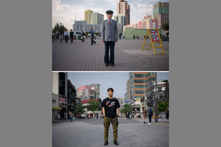 Acima, o estudante norte-coreano Pak Kum Ryong, 23, posa em uma praça pública de Pyongyang; abaixo, o estudante sul-coreano Lim Jun-beom, 24, posa na área de Sinchon, em Seul 