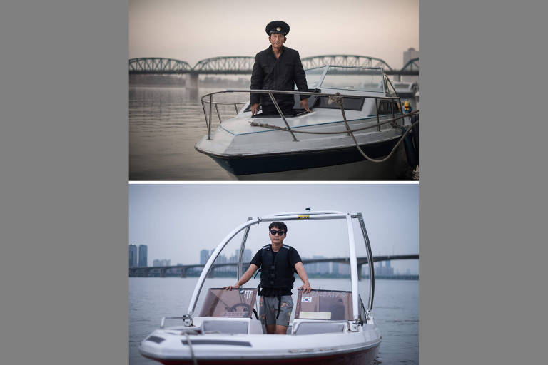 Acima, o marinheiro norte-coreano Kim Il Soo em seu barco turístico no rio Taedong, em Pyongyang; abaixo, o sul-coreano Kim Kun Ho, 25, em seu barco esportivo no rio Han, em Seul 