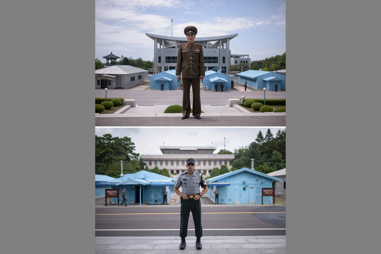 Acima, o soldado norte-coreano Kim no lado norte da vila de Panmunjom; abaixo, o soldado sul-coreano Woo no lado sul de Panmunjom, dentro da zona desmilitarizada que separa os dois países