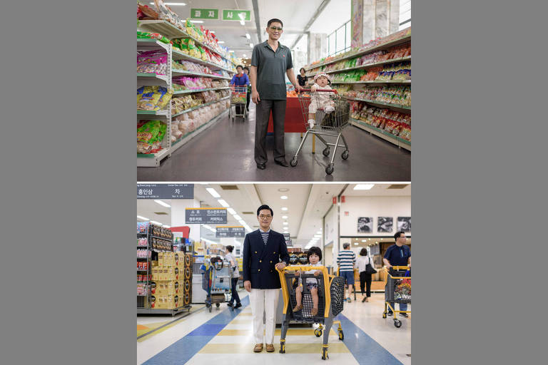 Acima, o norte-coreano Han Gwang Rim, 34, com sua filha Su Ryon em um supermercado de Pyongyang; abaixo, o sul-coreano Hong Sung-cho, 35, com seu filho Hong Jinu em um supermercado perto de Seul 