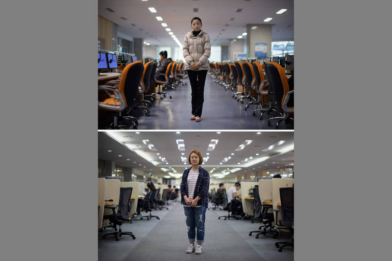 Acima, a estudante norte-coreana Ri Young Hwa, 19, no laboratório de computação de um centro tecnológico em Pyongyang; abaixo, a estudante Jenni Lim, 21, em um laboratório de computação na Universidade de Seul