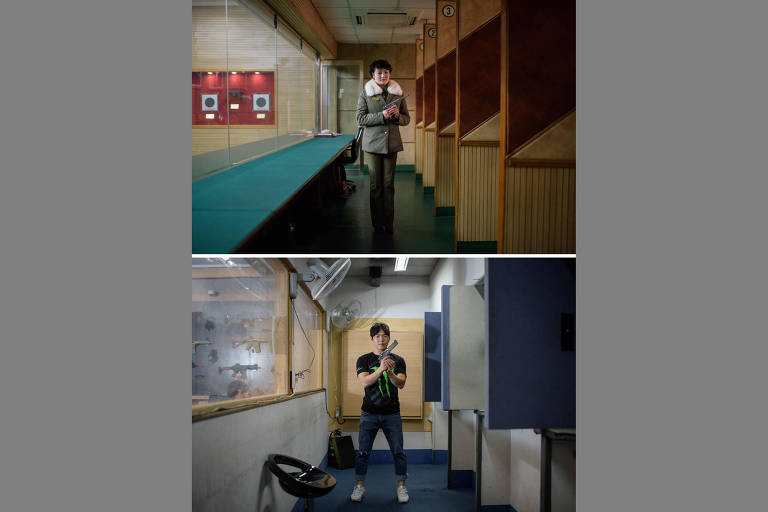 Acima, o instrutor de tiro norte-coreano Kim Su Ryon em seu local de trabalho em  Pyongyang; abaixo, o instrutor de tiro sul-coreano Lee Chi-yoon em Seul 