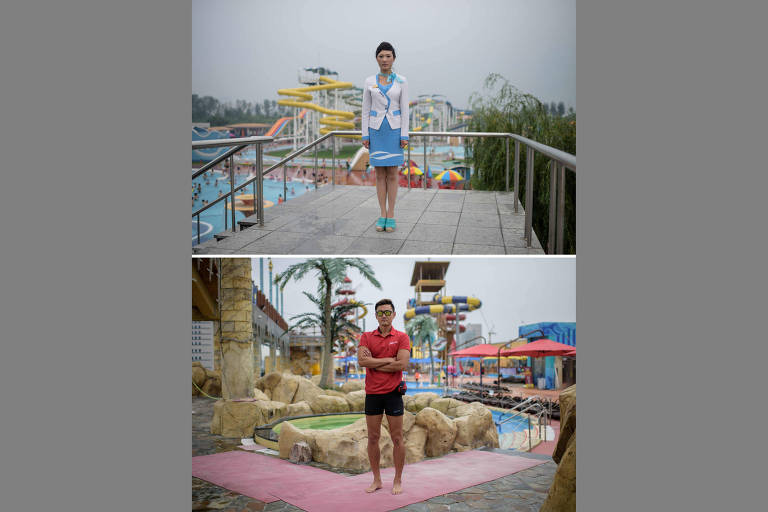 Acima, a funcionária Choe Un Hwa no parque aquático Munsu em Pyongyang; abaixo, o salva-vidas sul-coreano Kim Young-hoon no parque aquático One Mount, em Ilsan 