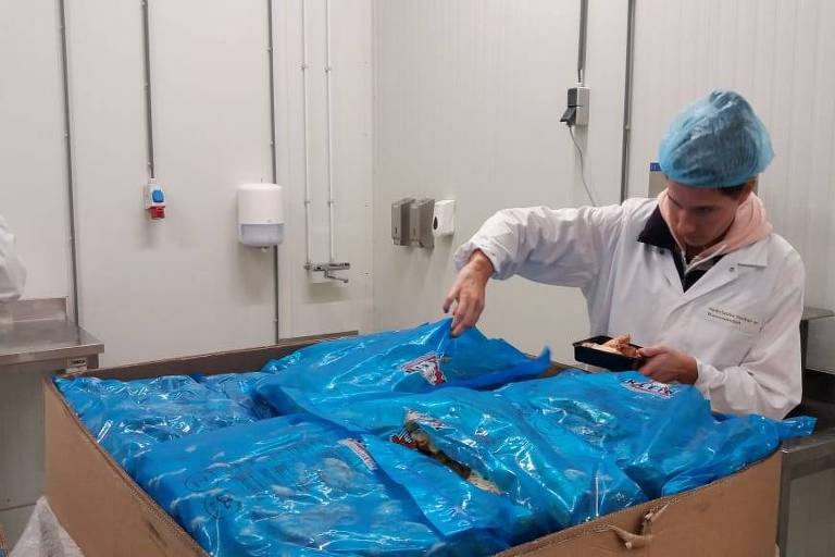 Veterinários inspecionam frango congelado vindo da China para liberar a entrada da carga na Europa 