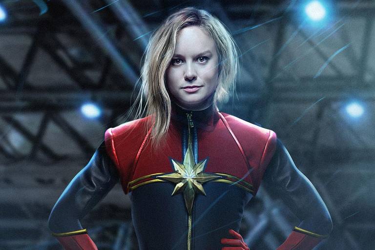 Brie Larson caracterizada como a Capitã Marvel