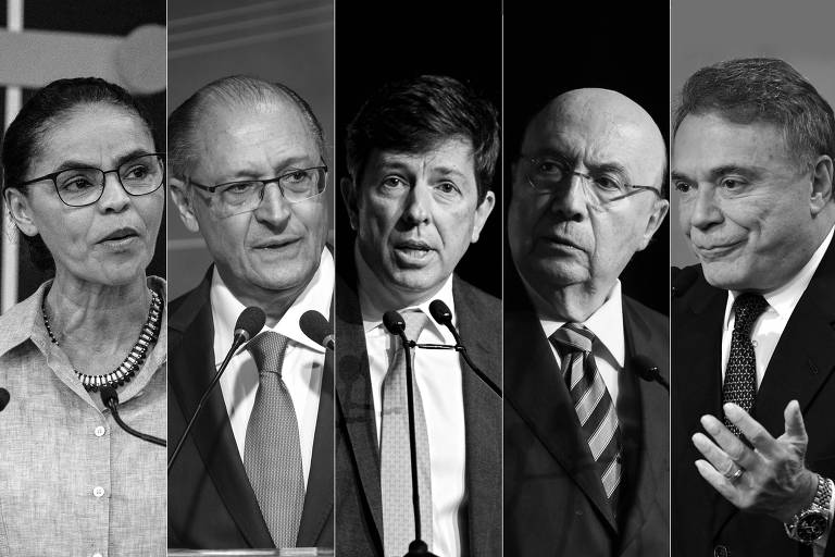 Da esq. para a dir., os presidenciáveis Marina Silva (Rede), Geraldo Alckmin (PSDB), João Amoêdo (Novo), Henrique Meirelles (MDB) e Alvaro Dias (Podemos)