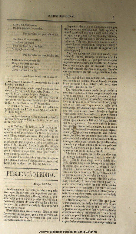 Edição do jornal O Constitucional, de 1867, com hino nacional escrito por Machado de Assis
