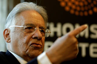 Brazil's former President Cardoso gestures during an interview with Reuters in Sao Paulo