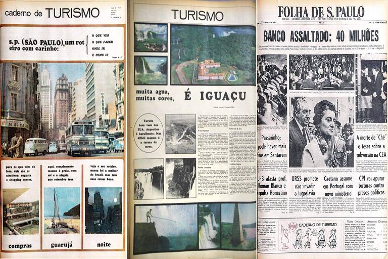 Capa e contra-capa de Turismo e a Primeira Página da Folha em 27 de setembro de 1968, dia de estreia da cor no caderno